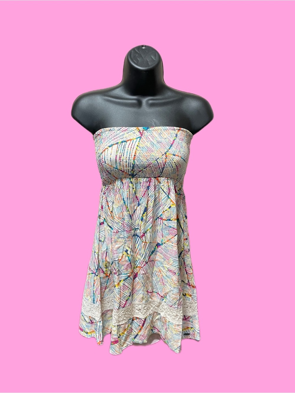 Roxy Multicolored Abstract Brushstroke Print Mini Dress with Lace Trim